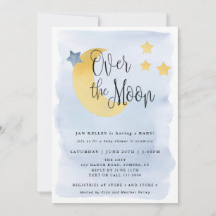 Över Måne, Blue Watercolor Baby Shower Inbjudningar