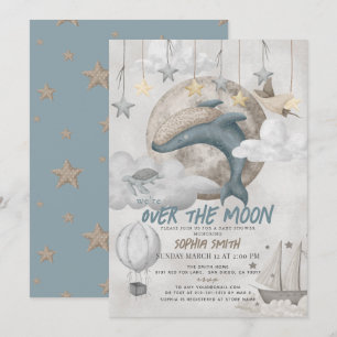 Över Måne Blue Whale Boho Boy Shower Inbjudningar