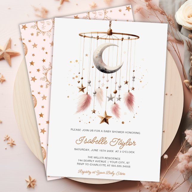 Över Måne Boho Celestial Girl Baby Shower Inbjudningar (Over the Moon Boho Celestial Girl Baby Shower Invitation)