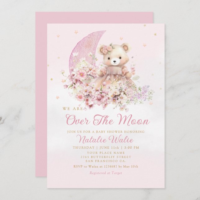 Över Måne Boho Nalle Girl Baby Shower Inbjudningar (Fram/baksida)