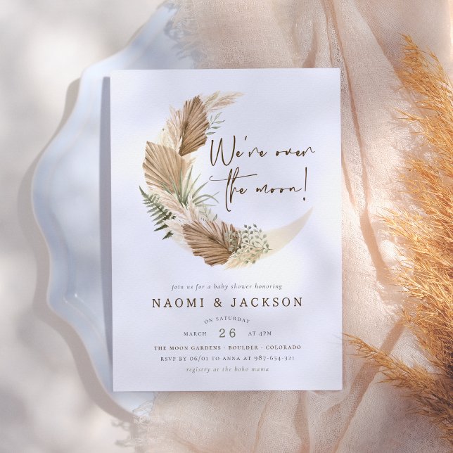 Över Måne Boho Pampas Par Baby Shower Inbjudningar (Skapare uppladdad)
