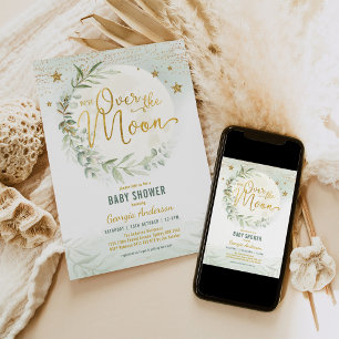 Över Måne Dreamy Greenery Guld Baby Shower Inbjudningar