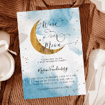 Över Måne Dreamy Guld Boy Shower Invati Inbjudningar<br><div class="desc">Dreamys inbjudningskort för babydusch med vattenfärgsbilder från blå himmel med faux guld måne och stjärnor. I texten står det "vi är över måne".</div>