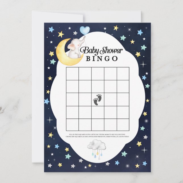 Över Måne, elefant babystövel Bingo Game Inbjudningar (Framsida)