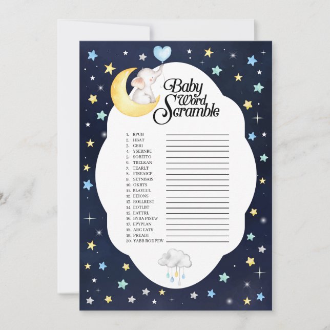 Över Måne Elephant Baby Ord-skammusslan Inbjudningar (Framsida)