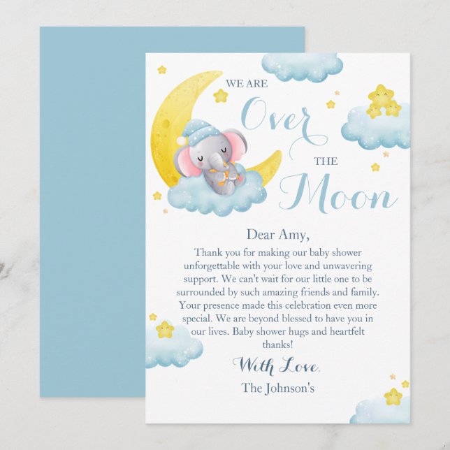 Över Måne Elephant Boy Shower Tack Kort (Fram/baksida)