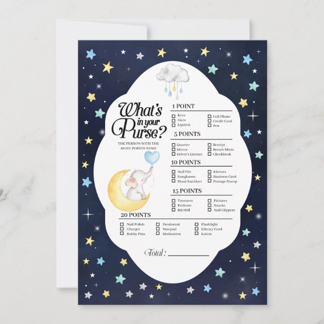 Över Måne Elephant What's in your Purse Game Inbjudningar (Framsida)