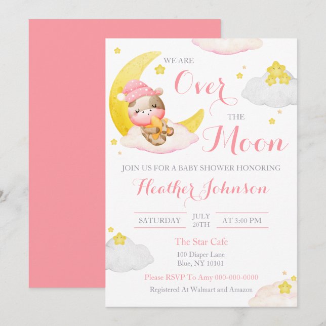 Över Måne Flickans babyskor Inbjudningar (Fram/baksida)