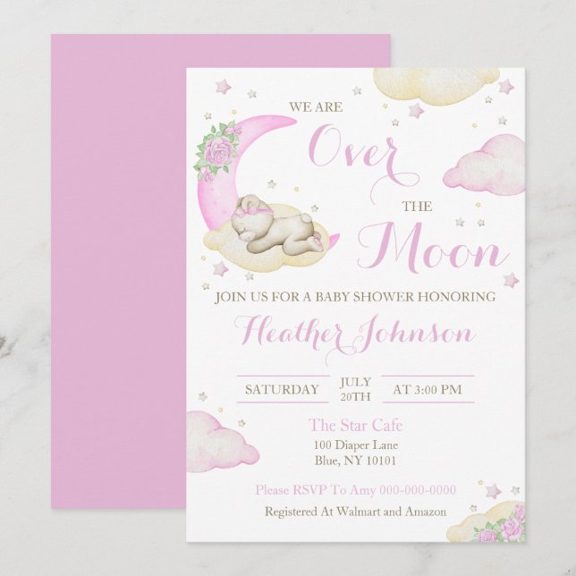 Över Måne Flickor Bear Baby Shower Inbjudningar (Fram/baksida)