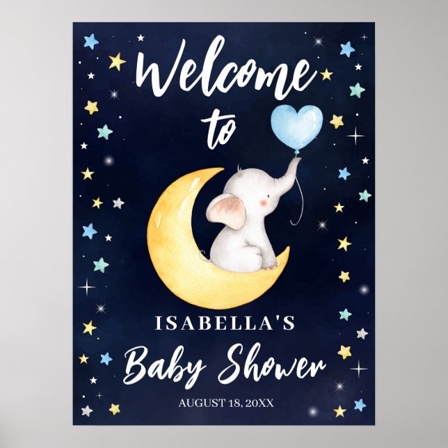 Över Måne Galaxy Elephant Baby Shower Poster (Framsidan)