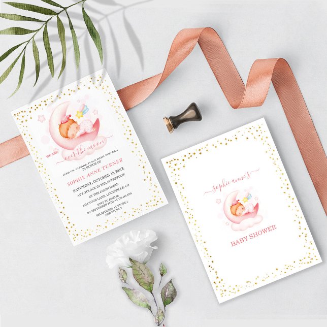 Över Måne Girl Calligraphy Baby Shower Inbjudningar (Skapare uppladdad)