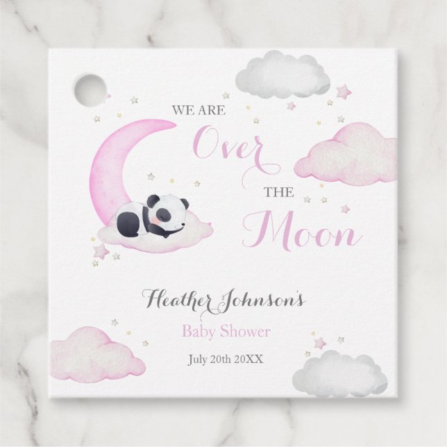 Över Måne Girl Panda Bear Baby Shower Gåvor Etiketter (Framsida)
