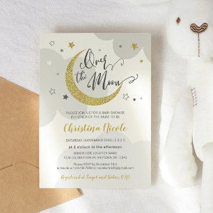 Över Måne Grått Guld Stars Baby Shower Inbjudningar