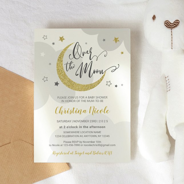 Över Måne Grått Guld Stars Baby Shower Inbjudningar (Skapare uppladdad)