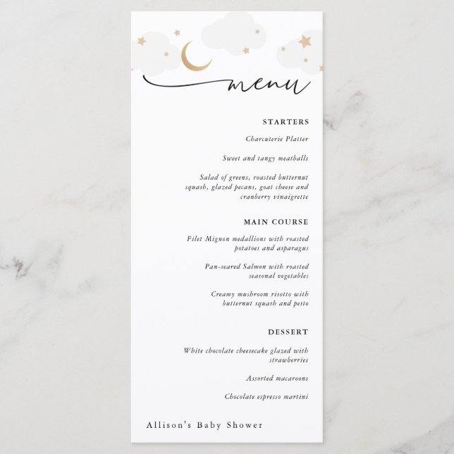 Över Måne Grått och Guld Baby Shower Menu (Barnska Meny (Framsida)