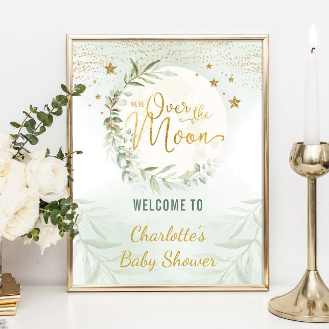Över Måne Greenery Guld Baby Shower Välkommen Po Poster (Skapare uppladdad)