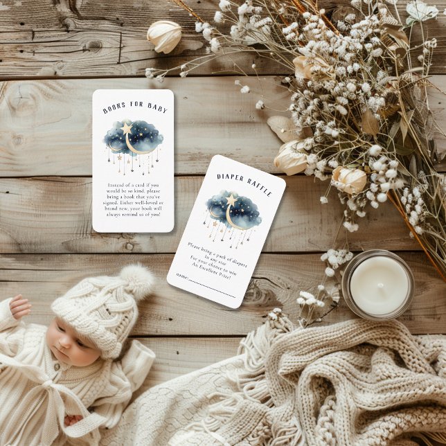 Över Måne Guld Stars Baby Shower Tilläggskort (Over the Moon Baby Shower Enclosure Cards - Diaper Raffle & Books for Baby )