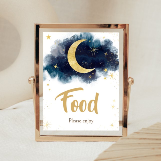Över Måne Guld Stars Blue Food Poster (Blue Twinkle Little Star Baby Shower Food Sign)