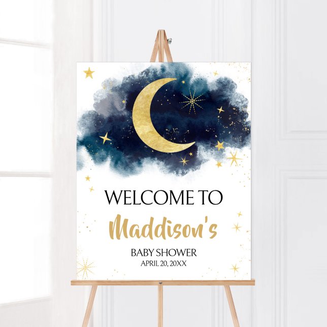 Över Måne Guld Stars Blue Welcome Poster (Blue Twinkle Little Star Baby Shower Welcome Sign)