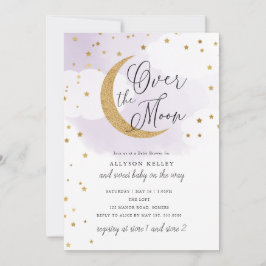 Över Måne Guld Stars Lila Baby Shower Inbjudningar