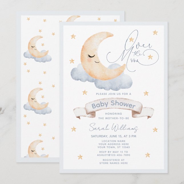 Över Måne i Guld stars Blue Baby Shower Inbjudningar (Fram/baksida)