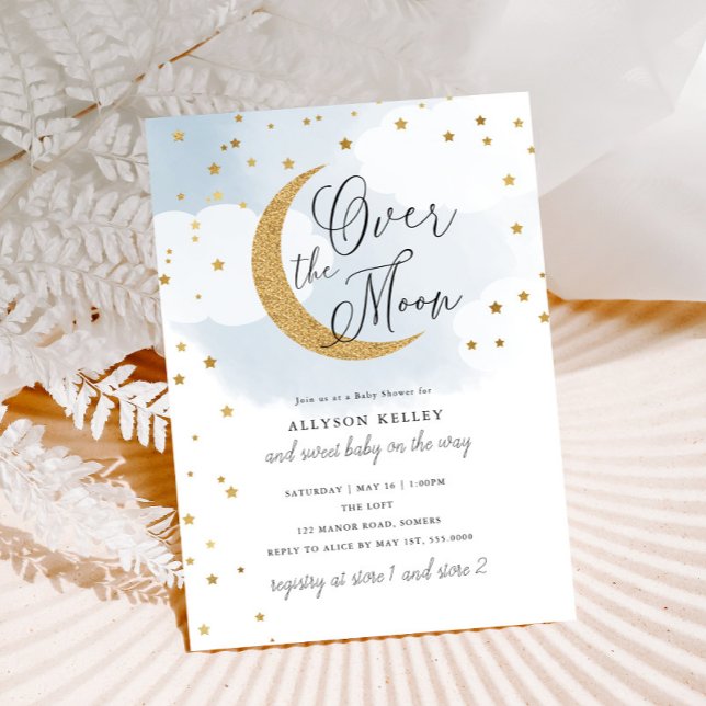 Över Måne i Guld stars Blue Baby Shower Inbjudningar (Skapare uppladdad)