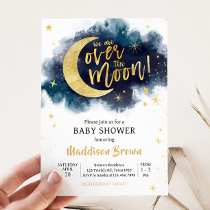 Över Måne i Guld stars Blue Baby Shower Inbjudningar