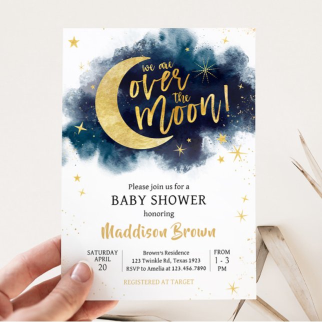 Över Måne i Guld stars Blue Baby Shower Inbjudningar (Blue Twinkle Little Star Baby Shower Invitation)