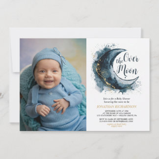 Över Måne i Guld stars Blue Baby Shower Inbjudningar