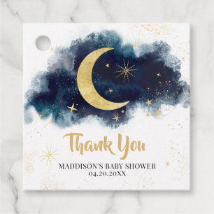 Över Måne i Guld Stars Blue Baby Shower Square Gåvor Etiketter