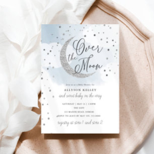 Över Måne i Silver stars Blue Baby Shower Inbjudningar