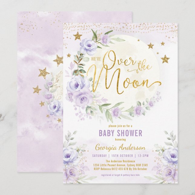 Över Måne | Lavender Guld Girl Baby Shower Inbjudningar (Fram/baksida)