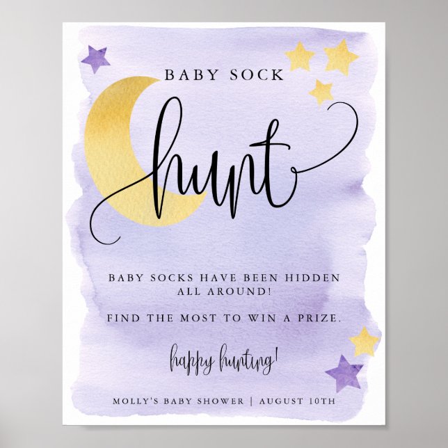 Över Måne Lila Baby Shower Sock Hunt Poster (Framsidan)