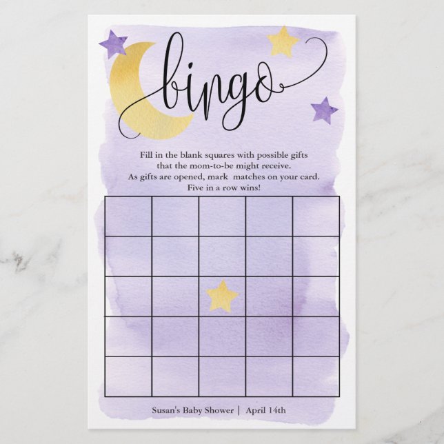 Över Måne, Lila Stars Bingo Pappert spelkort Flygblad (Framsidan)