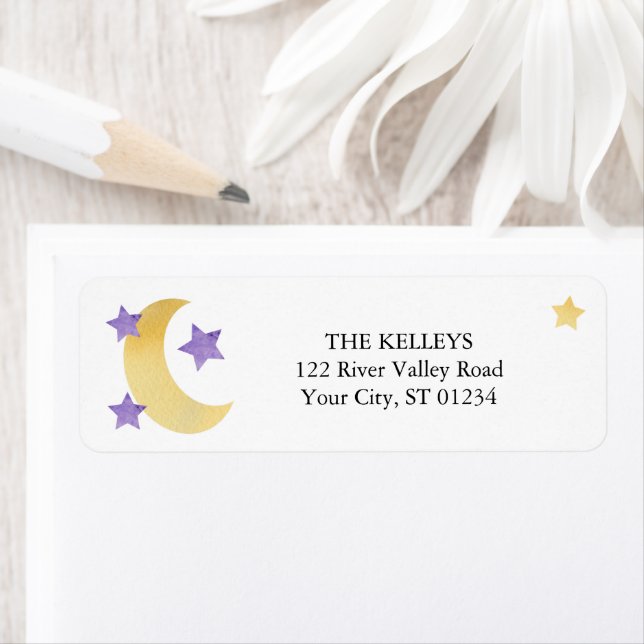 Över Måne Lila Stars Returadress Etikett (Insitu)