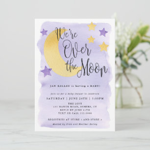 Över Måne, Lila Watercolor Baby Shower Inbjudningar