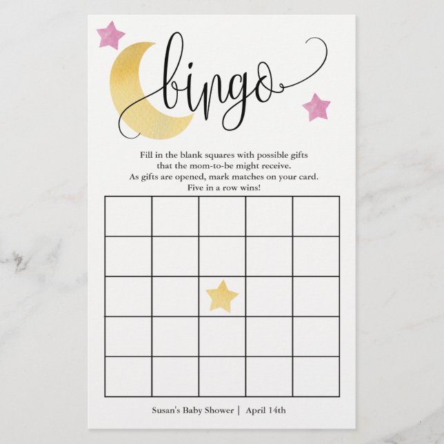 Över Måne, Måne och Rosa Stars Bingo-spelkort (Framsida)