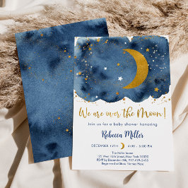 Över Måne-marinen Guld Galaxy Baby Shower Inbjudningar
