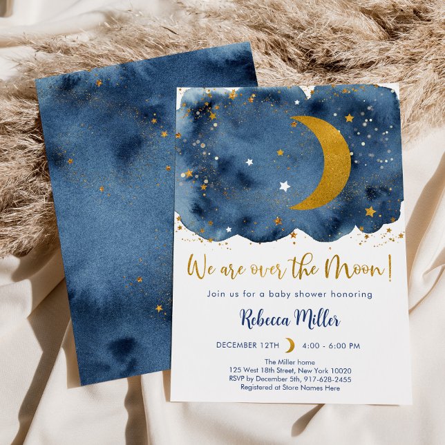 Över Måne-marinen Guld Galaxy Baby Shower Inbjudningar (Skapare uppladdad)