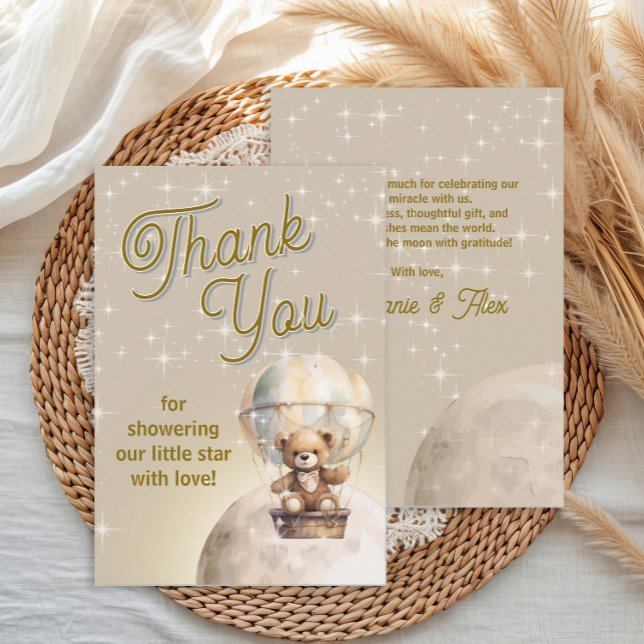 Över Måne Nalle: Kön Neutral babystövel Tack Kort (Over the moon teddy bear hot air balloon baby shower thank you card)