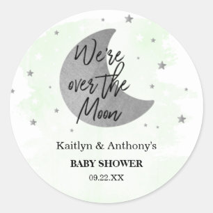 Över Måne Neutralt Baby Shower Runt Klistermärke