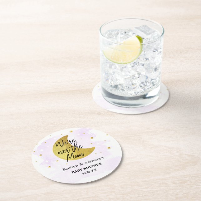 Över Måne | Neutralt Baby Shower Underlägg Papper Rund (Insitu)