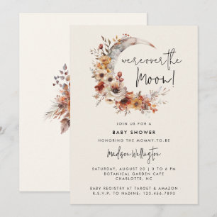 Över Måne Neutralt Boho Blommigts Baby Shower Inbjudningar