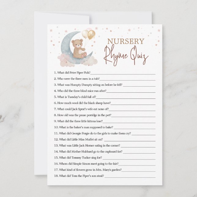 Över Måne Nursery Rhyme Quiz-spelkortet Inbjudningar (Framsida)