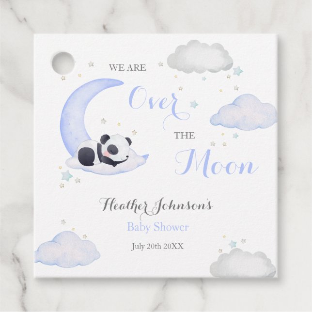 Över Måne Panda Bear Baby Shower Gåvor Etiketter (Framsida)
