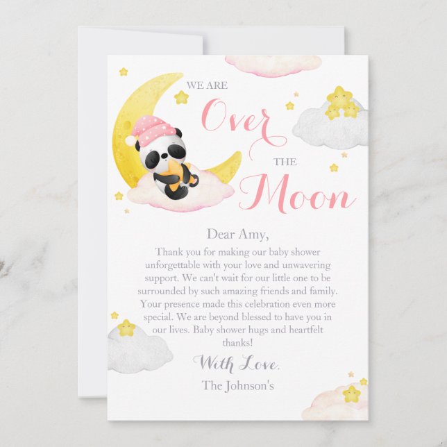 Över Måne Panda Bear Girl Baby Shower Tack Kort (Framsida)