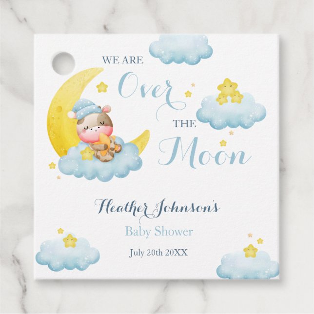 Över Måne Pojke Cow Baby Shower Gåvor Etiketter (Framsida)