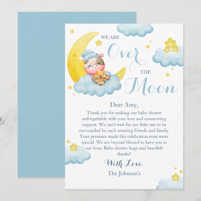 Över Måne Pojke Cow Baby Shower Tack Kort (Fram/baksida)