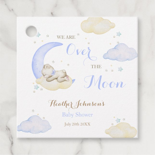 Över Måne pojkvän Bear Baby Shower Gåvor Etiketter (Framsida)
