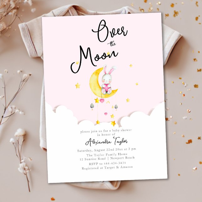 Över Måne Rabbit Rosa Heart Girl Baby Shower Inbjudningar (Skapare uppladdad)